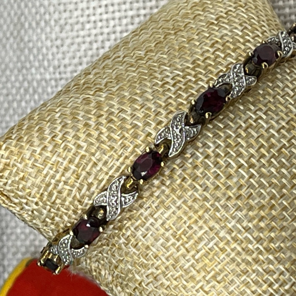 Vintage Sterling Silver 925 Garnet Bracelet 7.5” Estate 15.9g Two-Tone Design - Picture 9 of 17